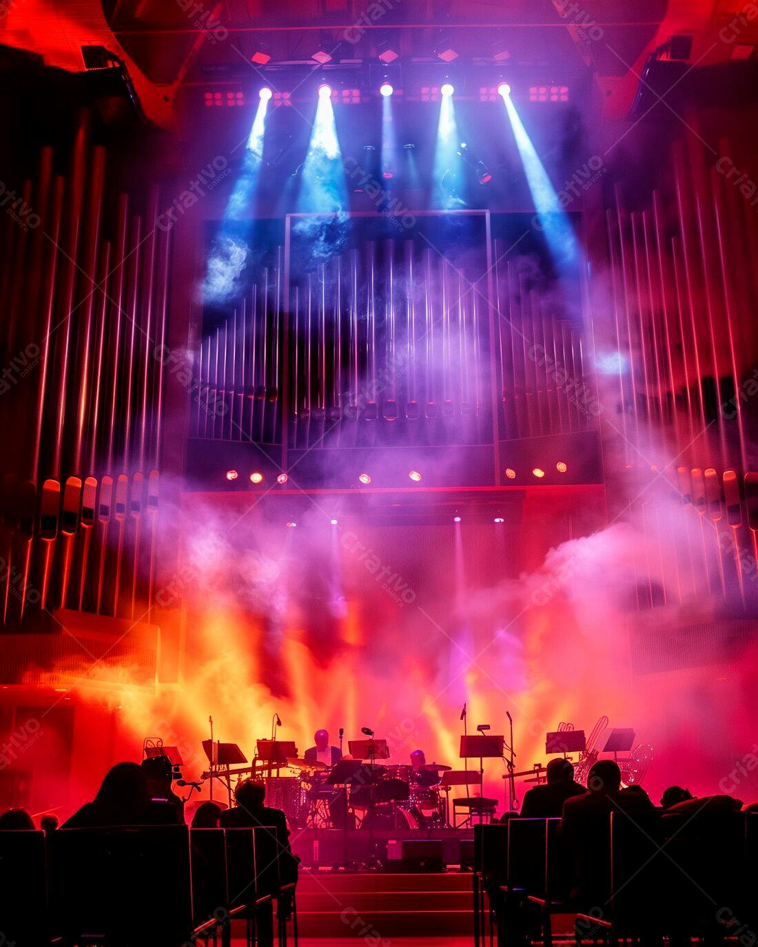 Show ao vivo em palco com iluminação vermelha e azul