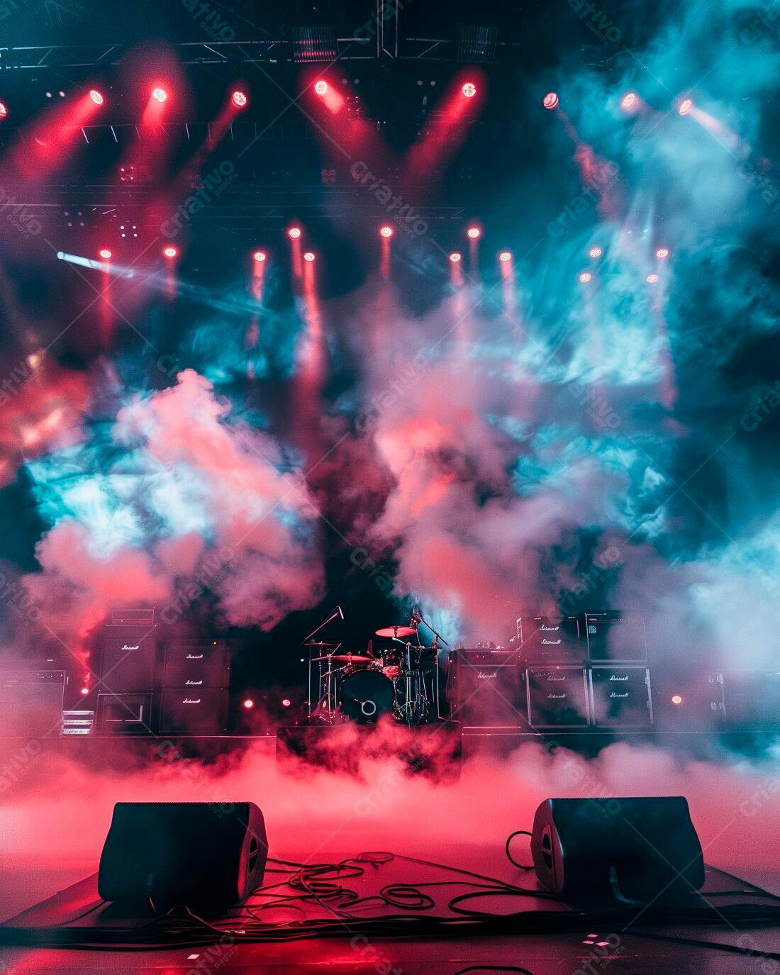Palco de show com iluminação vermelha e azul