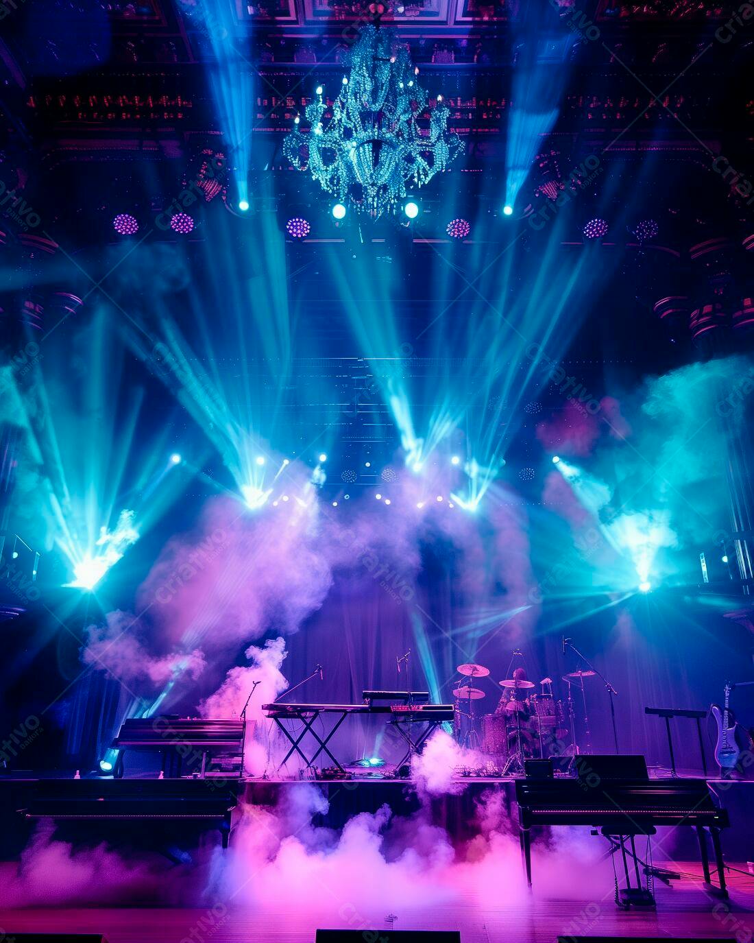 Palco de concerto com iluminação azul e rosa
