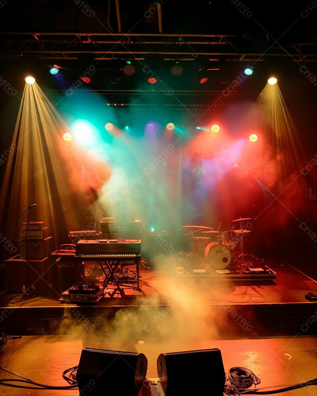 Palco de show com luzes coloridas e névoa