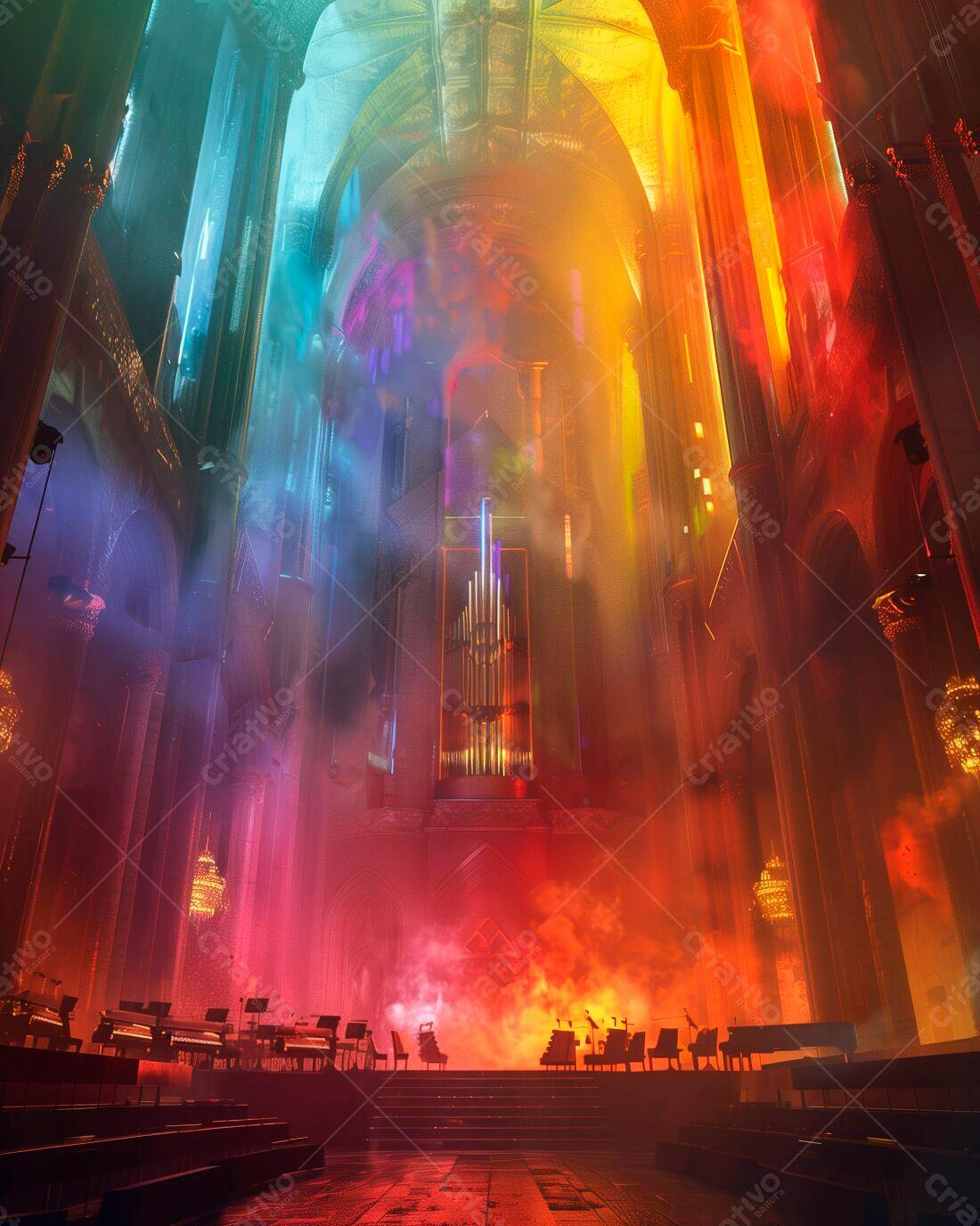 Igreja iluminada com palco e orquestra