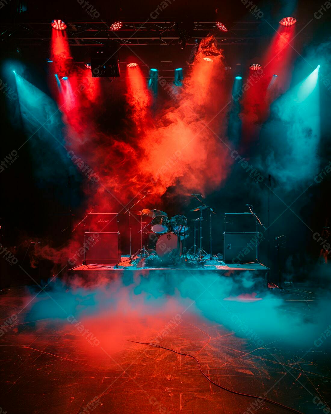 Bateria em palco com iluminação vermelha e azul