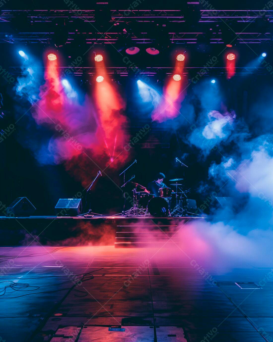 Músico tocando bateria em palco iluminado