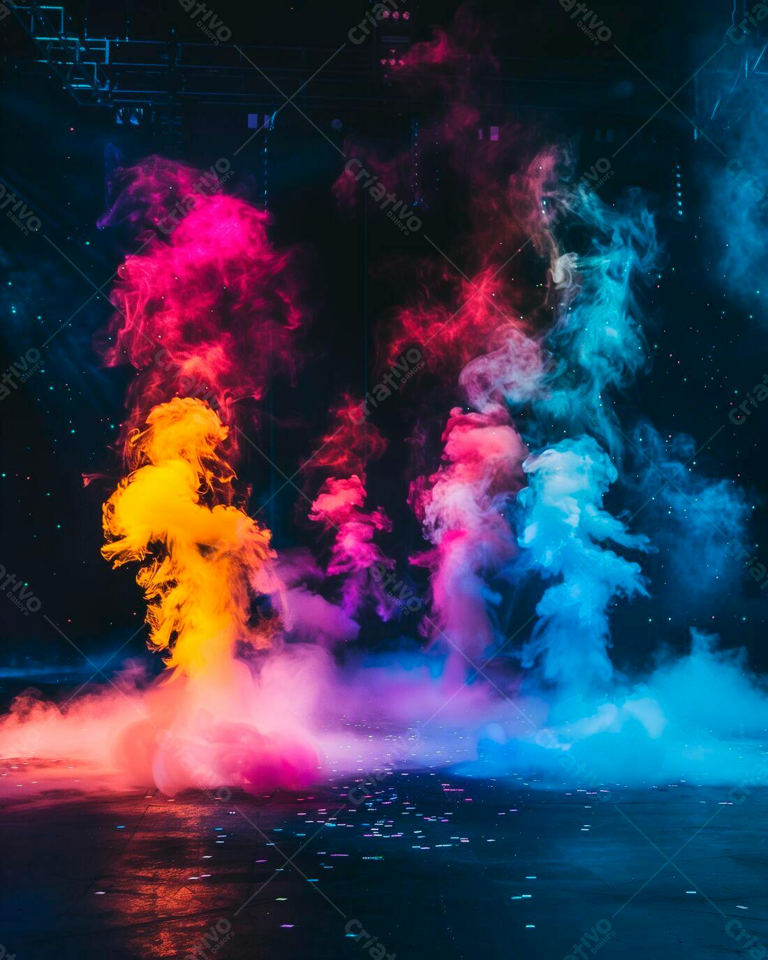 Nuvens de fumaça coloridas em palco escuro
