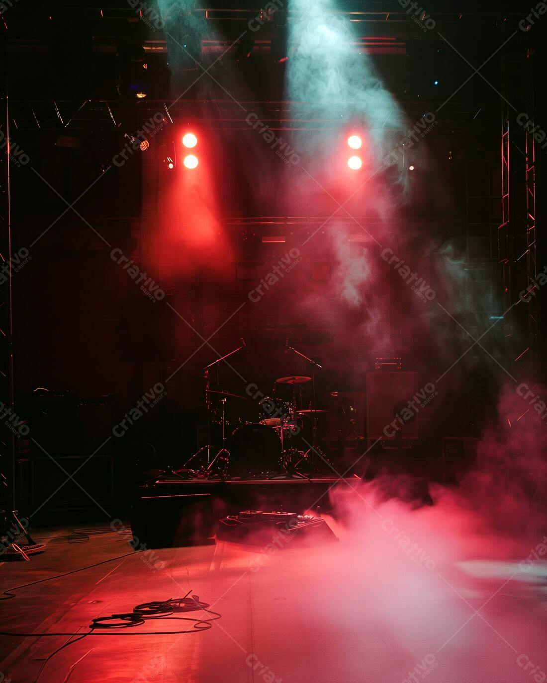 Palco de show com bateria e iluminação vermelha