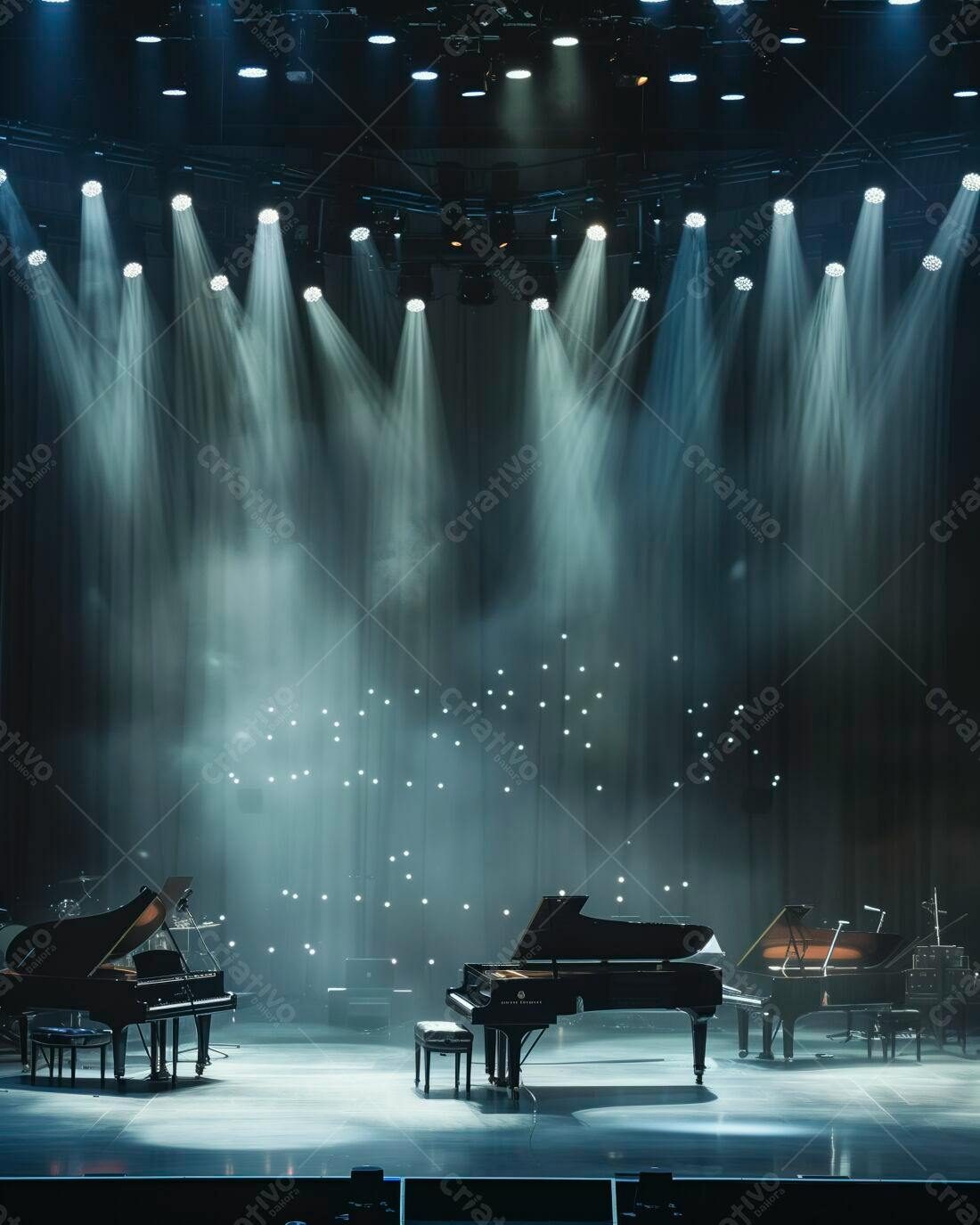 Palco com três pianos sob iluminação cênica