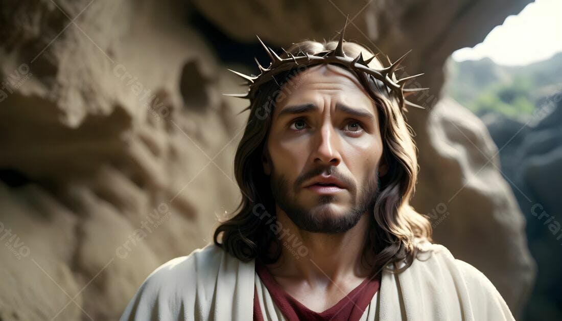 Jesus Cristo com coroa de espinhos em cenário rochoso