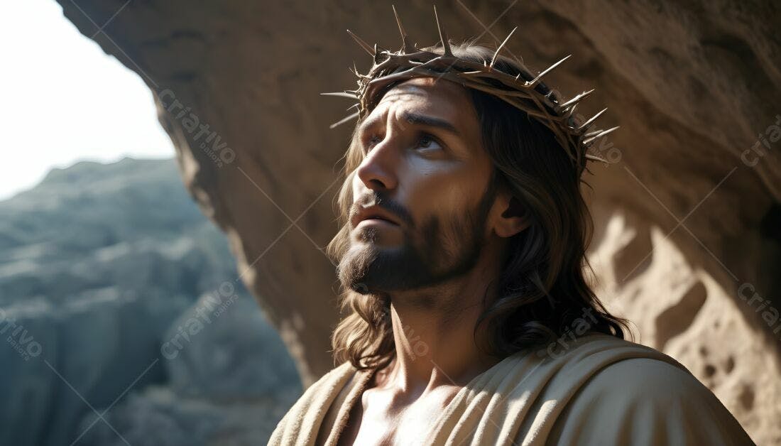 Jesus Cristo com coroa de espinhos em cena dramática