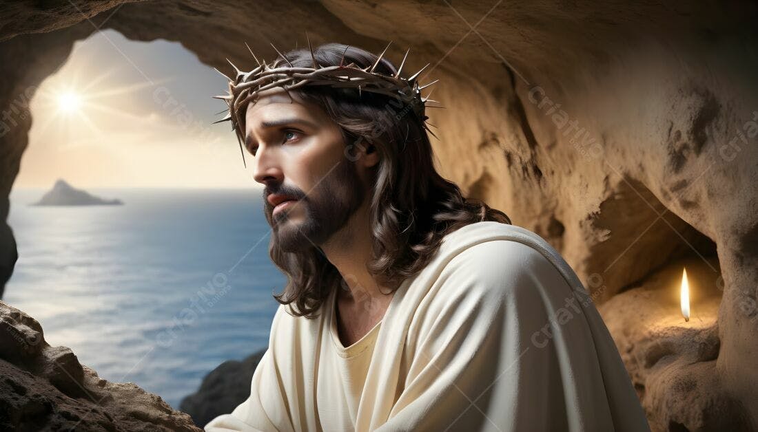 Jesus Cristo em caverna com coroa de espinhos