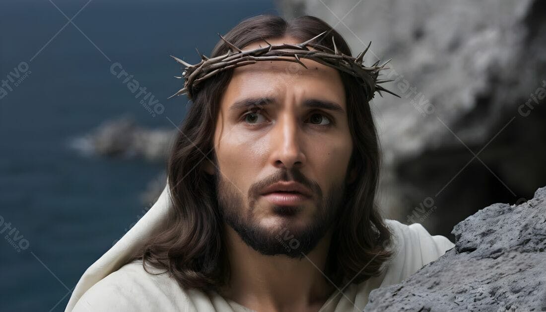 Jesus Cristo com coroa de espinhos perto do mar