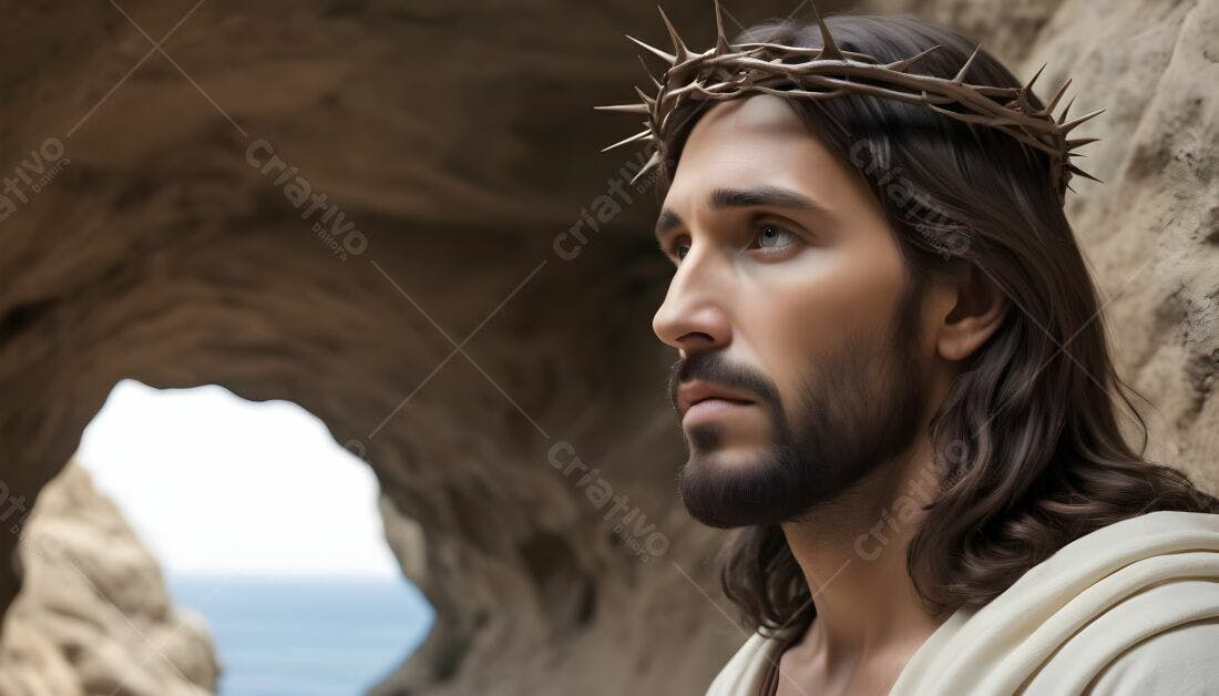 Jesus Cristo coroa de espinhos perto de rocha