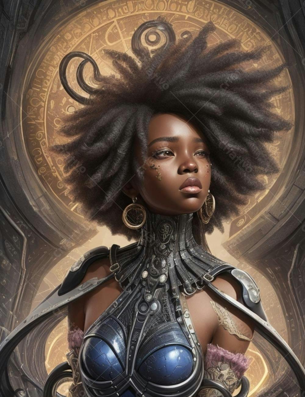 Mulher negra com armadura futurista e cabelo afro