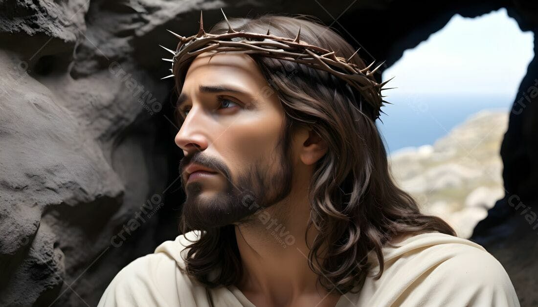 Jesus Cristo com coroa de espinhos em caverna
