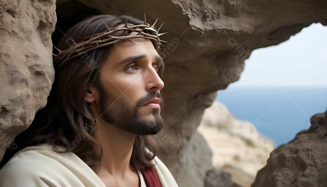 Jesus Cristo com coroa de espinhos em caverna