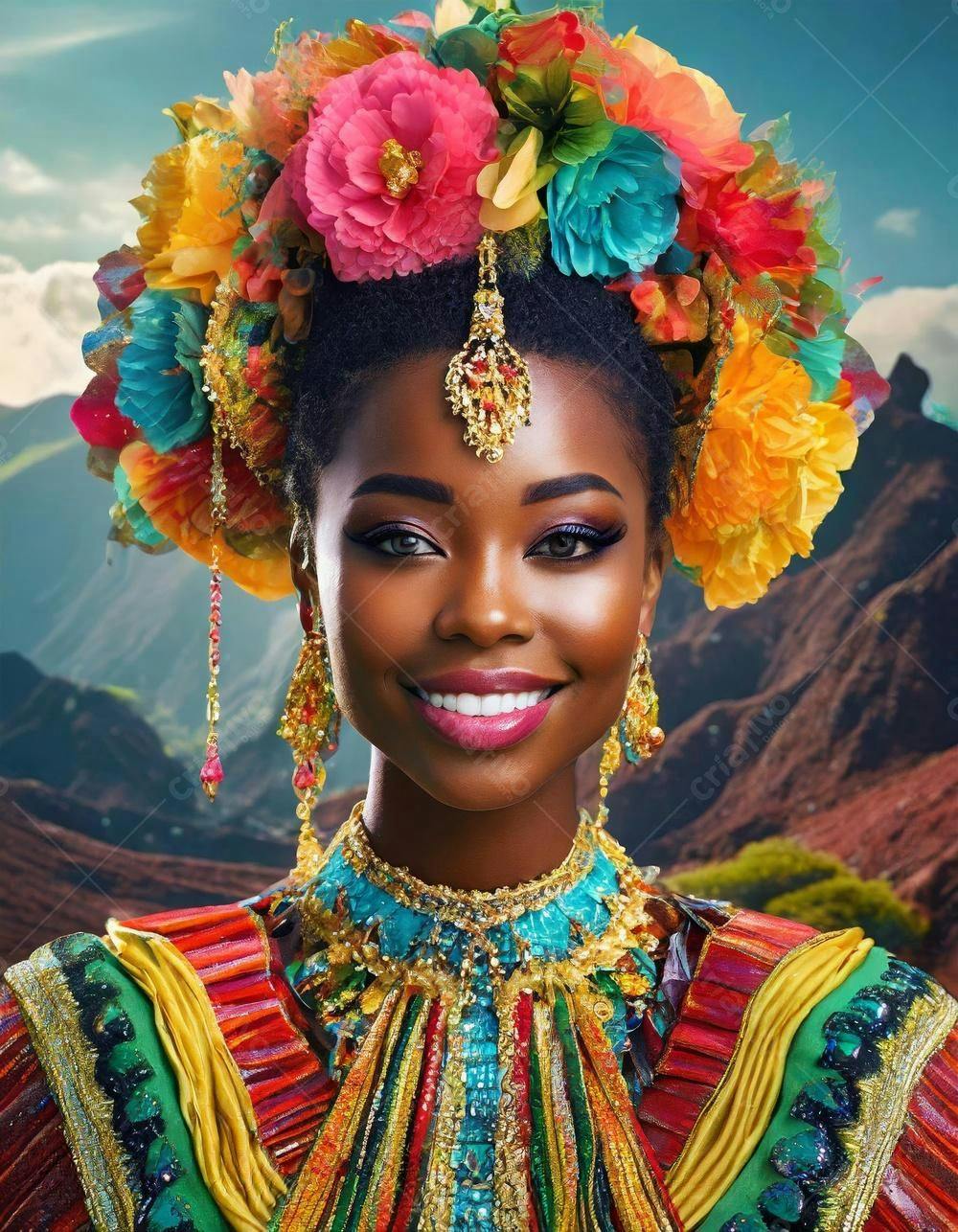 Mulher negra sorrindo com grinalda de flores vibrantes