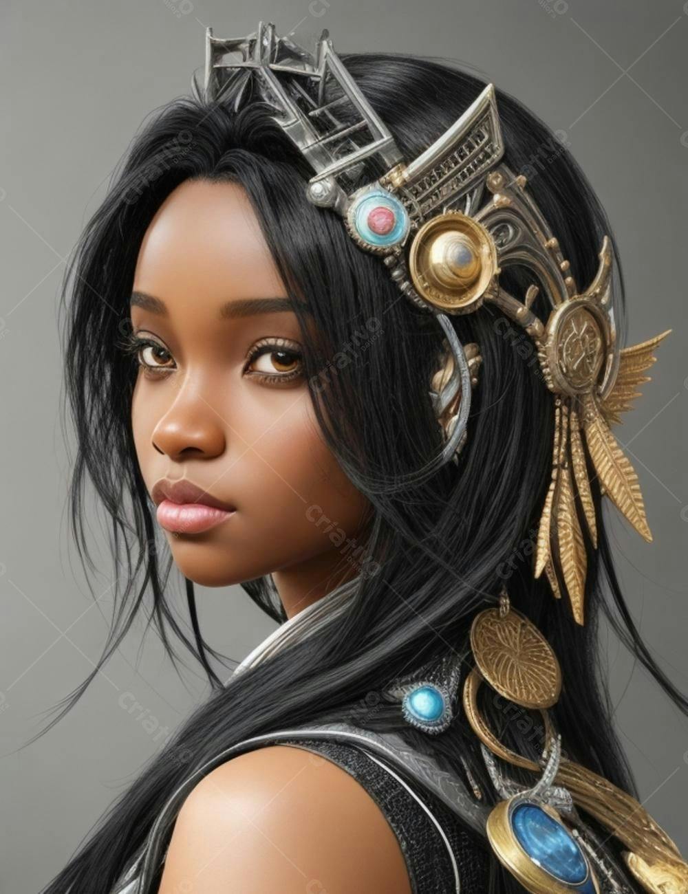 Retrato mulher negra com adereço metálico