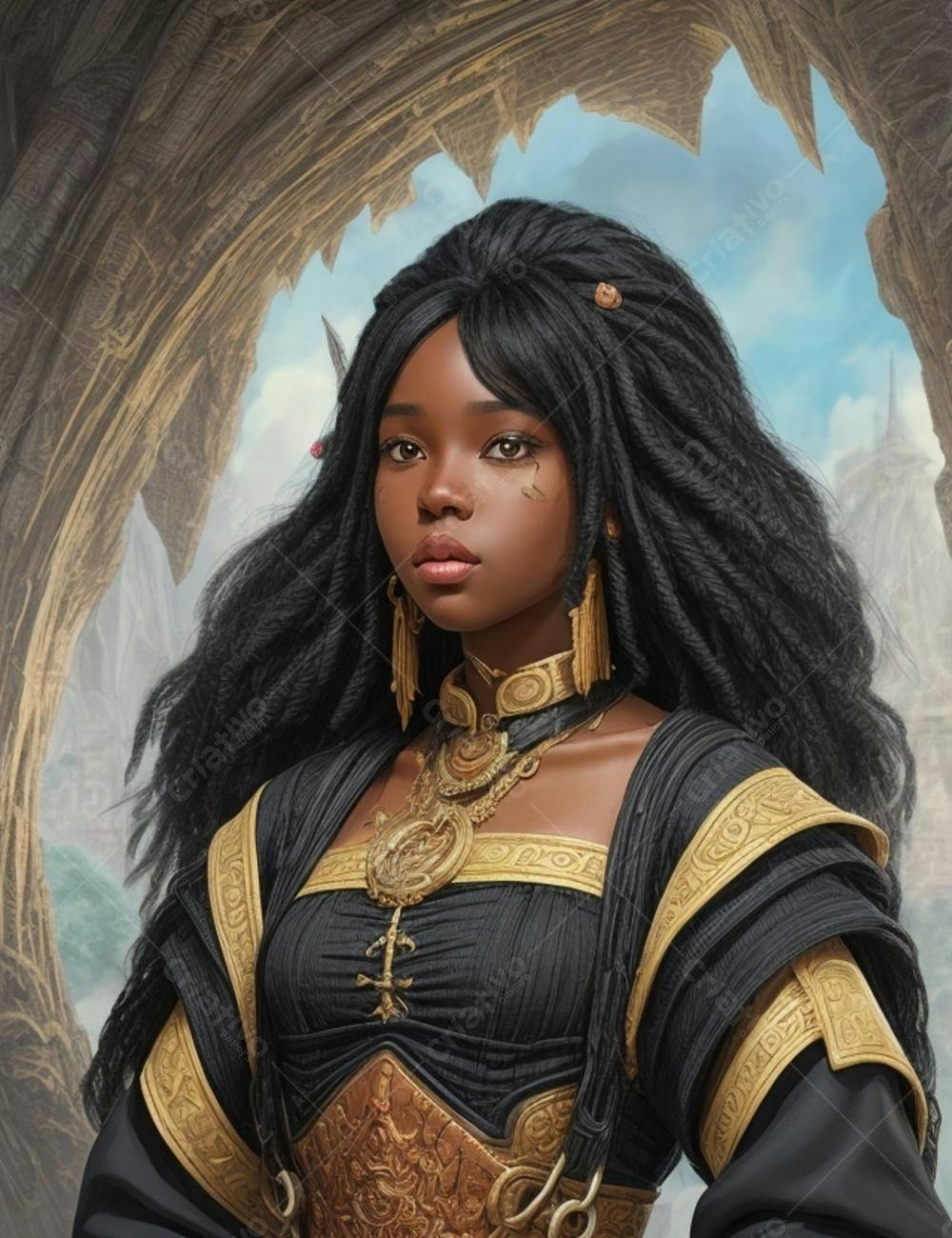 Mulher negra com joias douradas em cenário fantástico