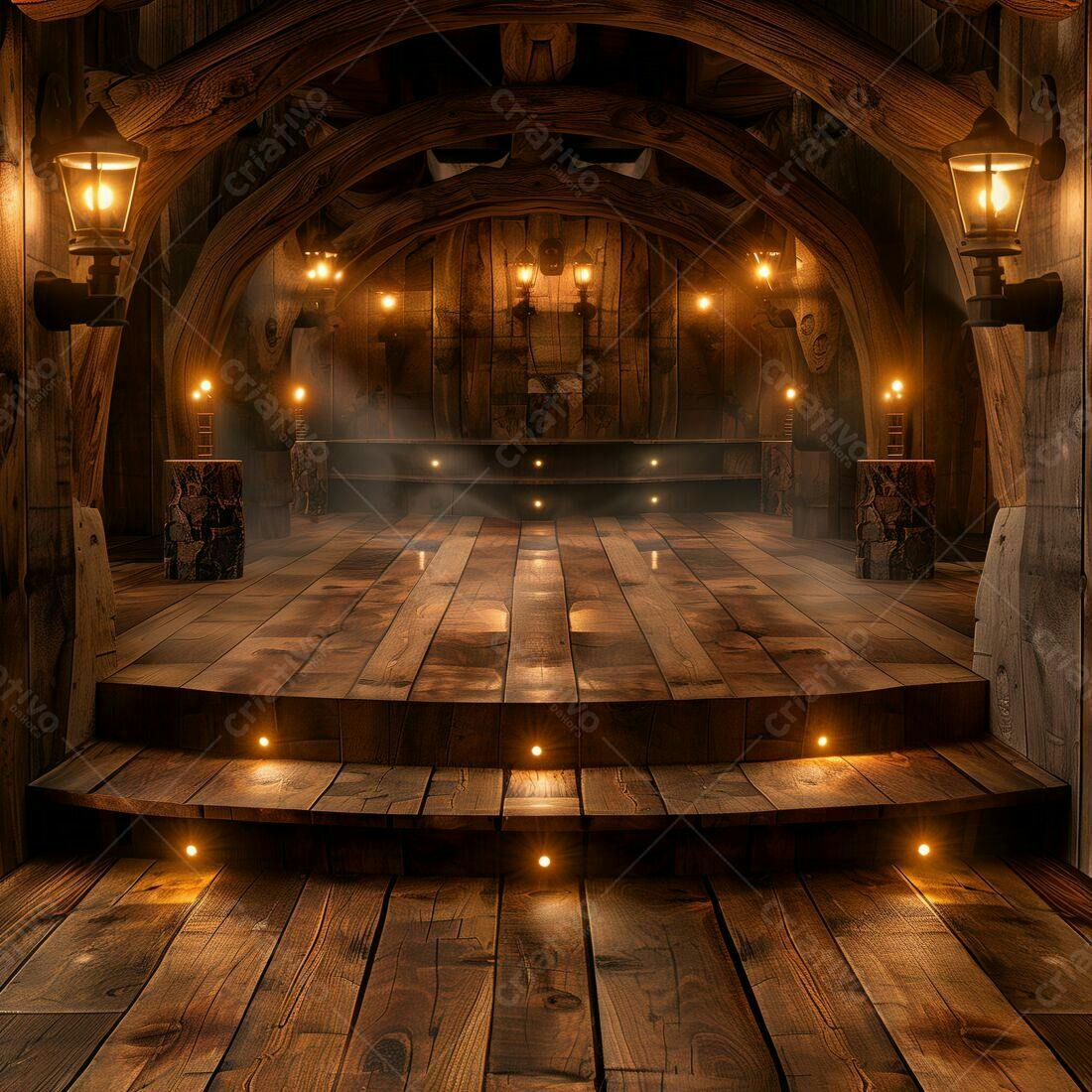 Palco de madeira rústico com iluminação aconchegante