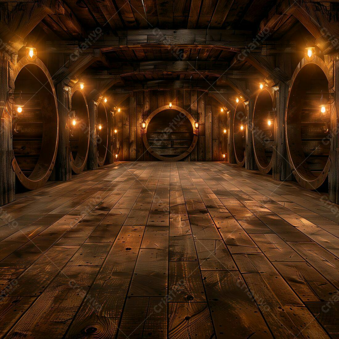 Interior de adega rústica com iluminação aconchegante
