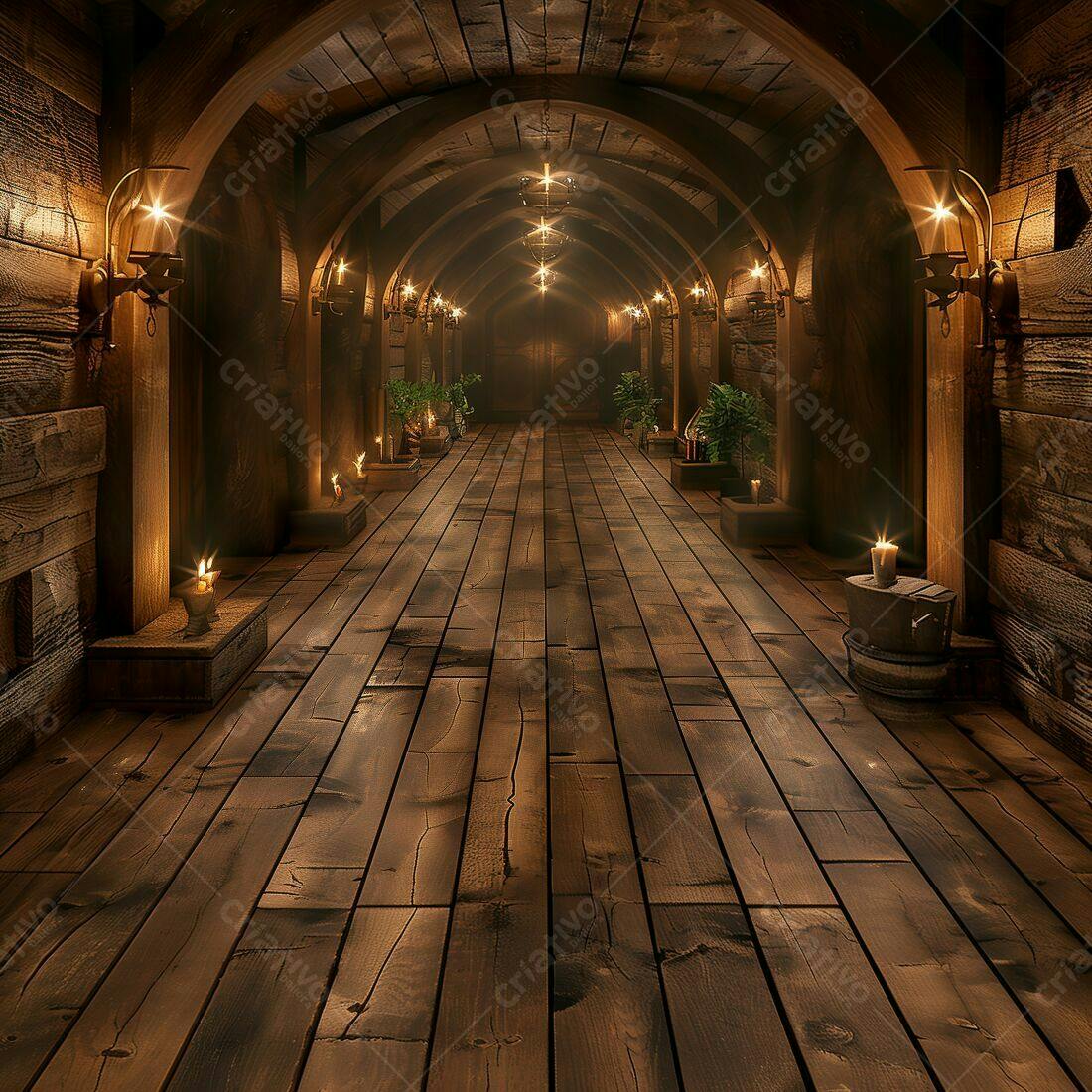 Corredor medieval com velas e madeira escura