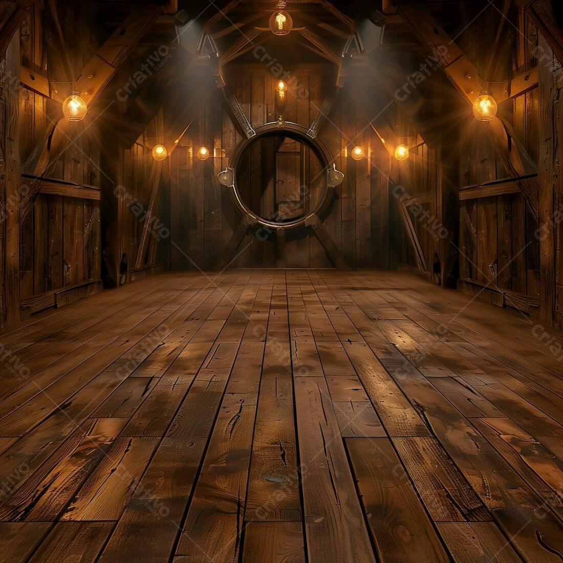 Interior de madeira rústica com roda de navio