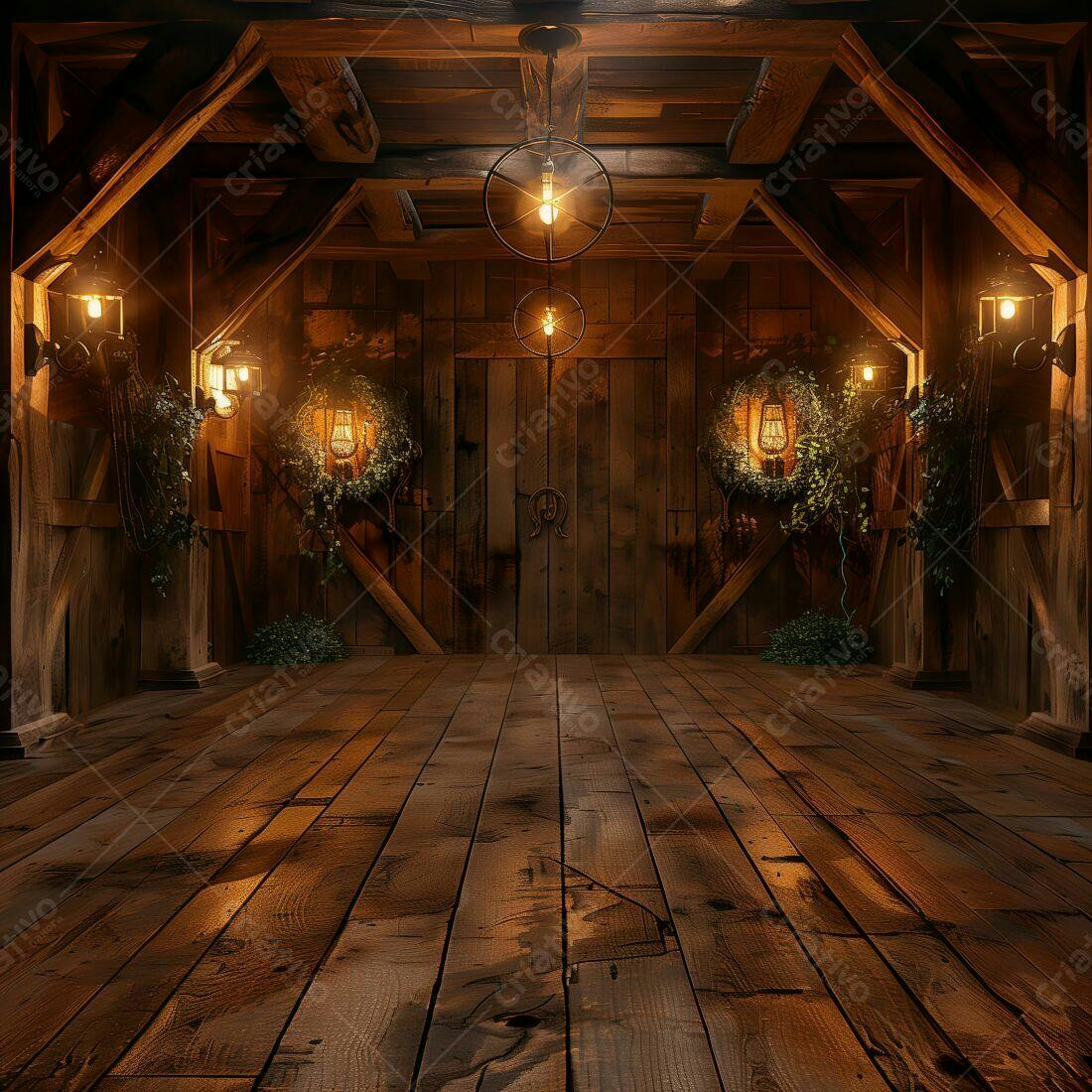 Interior rústico de madeira com iluminação aconchegante