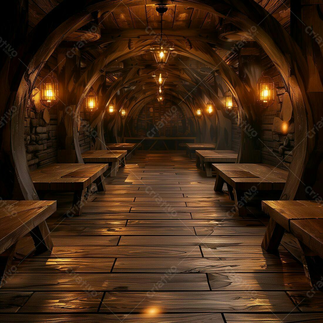 Interior de taverna medieval com mesas e bancos de madeira