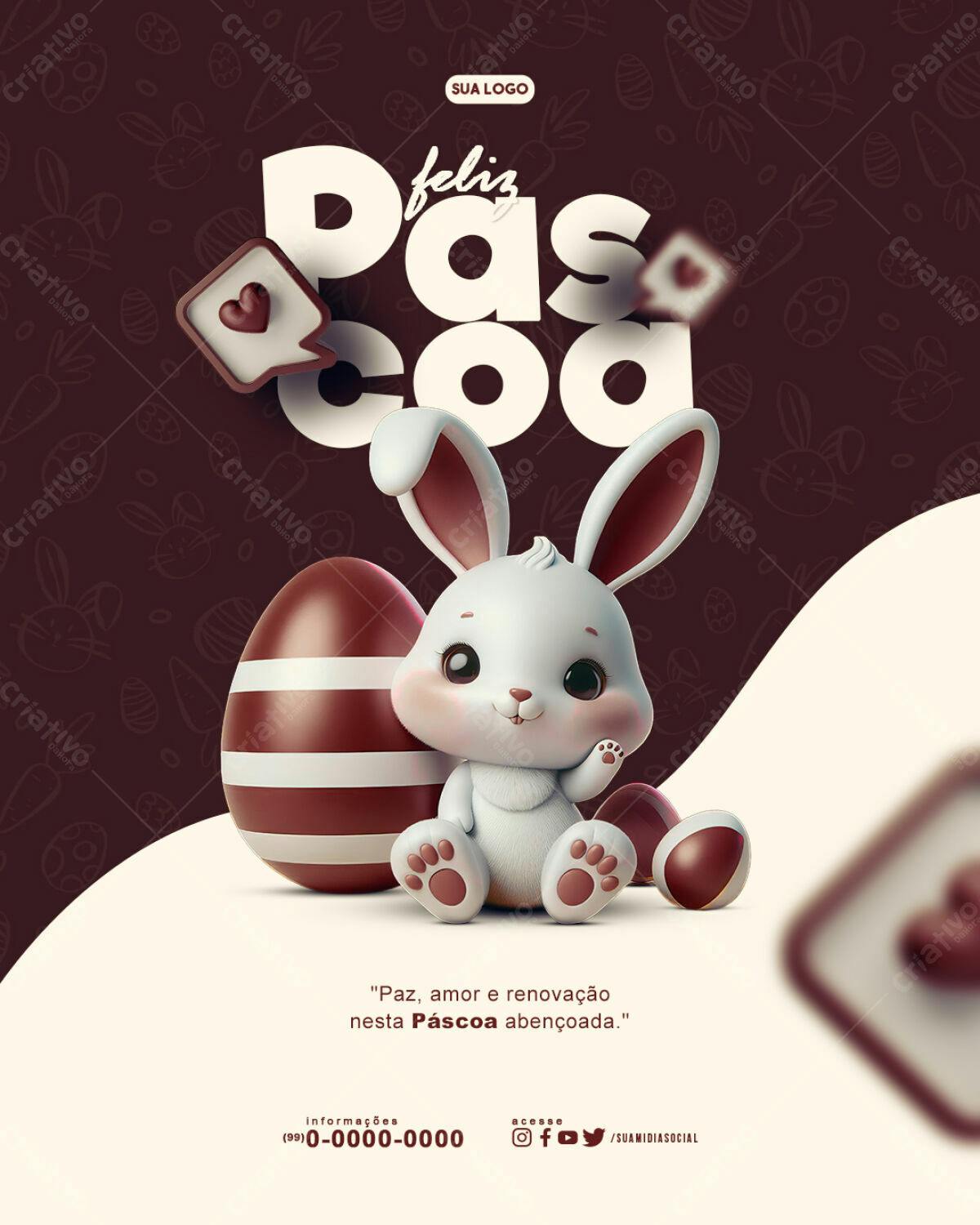 Flyer Páscoa com Coelho 3D PSD Editável