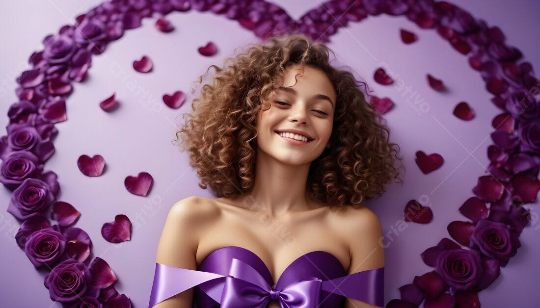 Mulher sorridente em coração de pétalas roxas