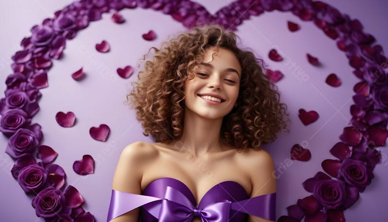 Composição de tema março lilás de uma mulher, de cabelos castanhos, encaracolados, feliz, rodeada de um fita em formato de coração na cor roxa, em fundo de petálas de rosas na cor roxa v.1