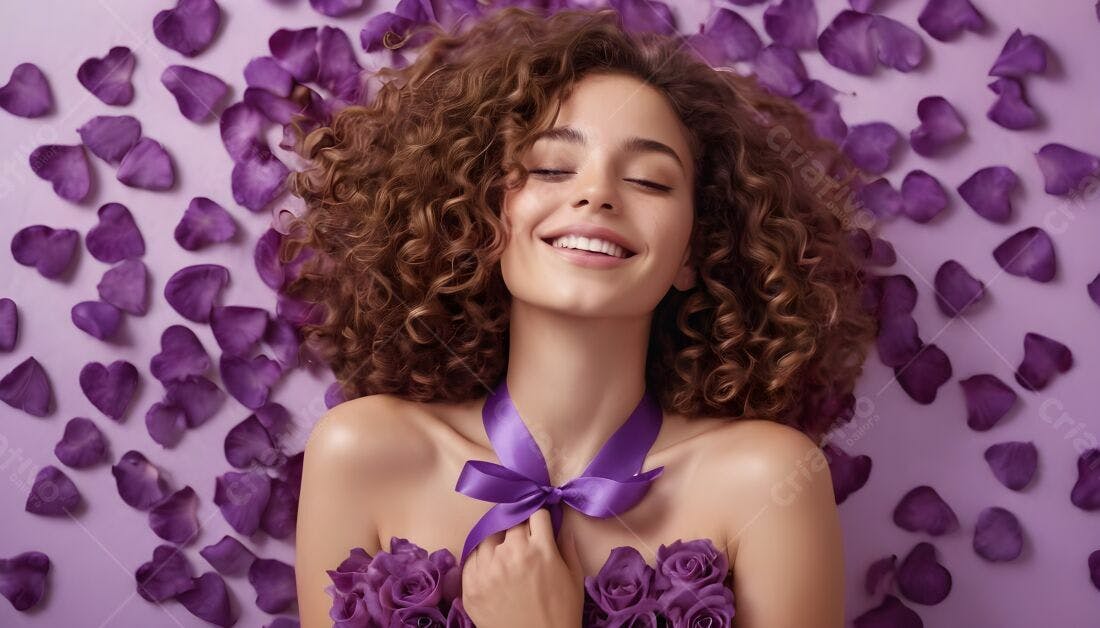 Modelo sorrindo com rosas roxas