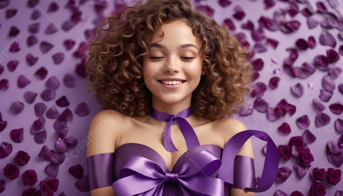 Modelo com laço roxo sobre fundo de pétalas