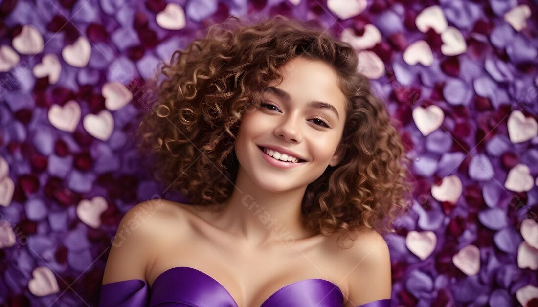 Modelo sorrindo com cabelo cacheado fundo roxo