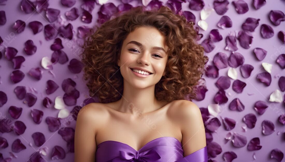 Modelo sorrindo sobre pétalas roxas