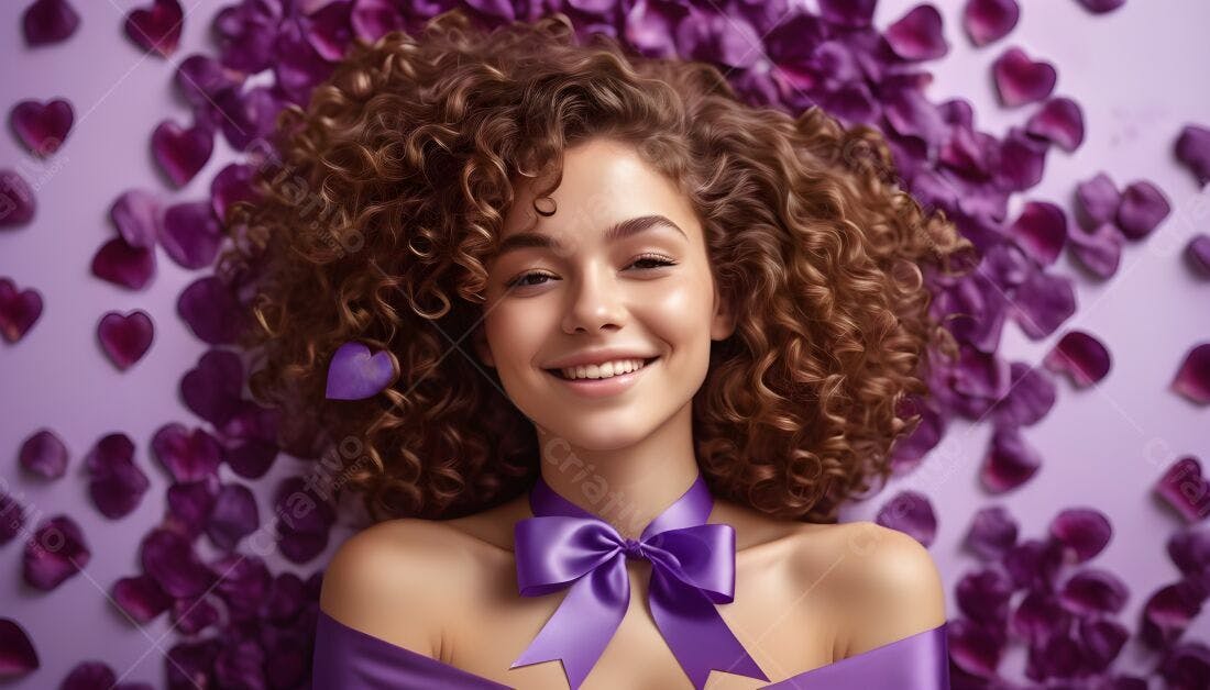 Mulher sorridente com cabelos cacheados e laço roxo