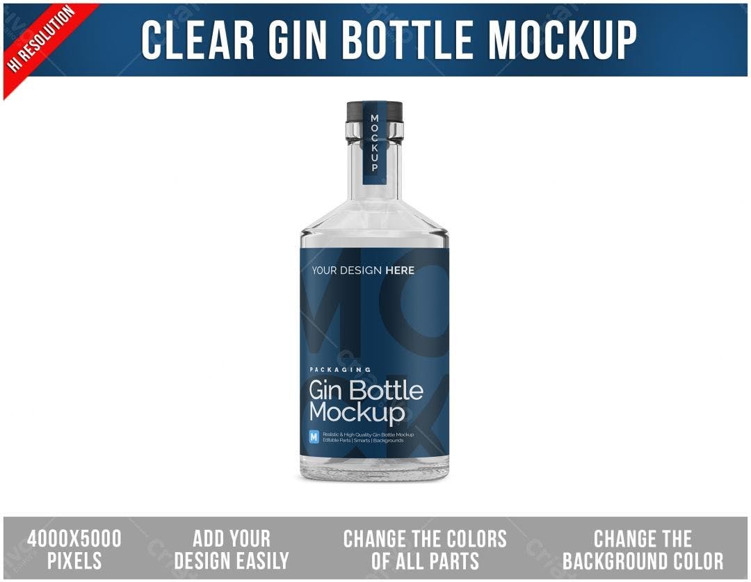 Mockup Realista de Garrafa de Gin: Azul Marinho e Transparente