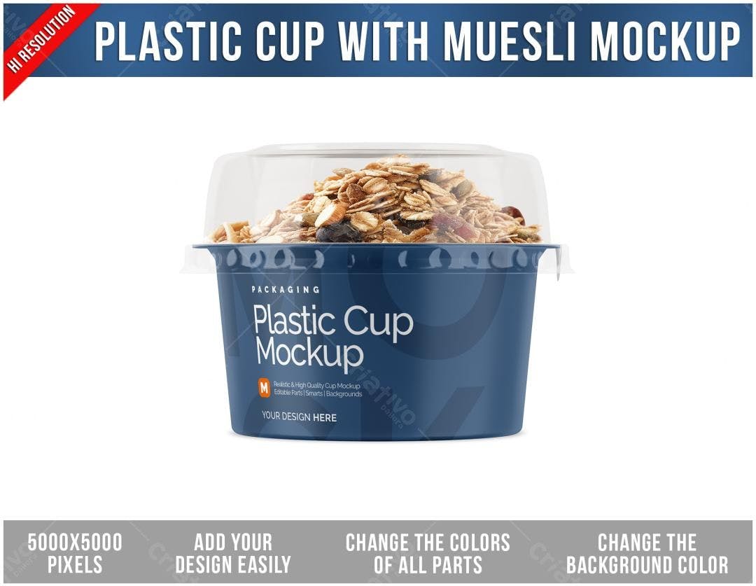 Mockup Realista de Copo Plástico com Muesli - Azul Marinho