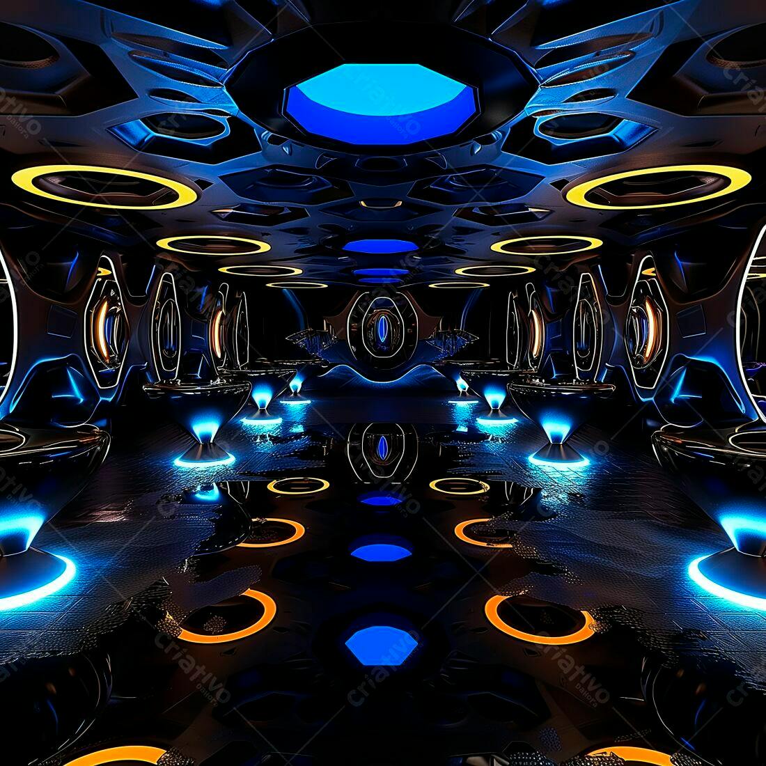 Ambiente futurista azul e laranja com iluminação neon