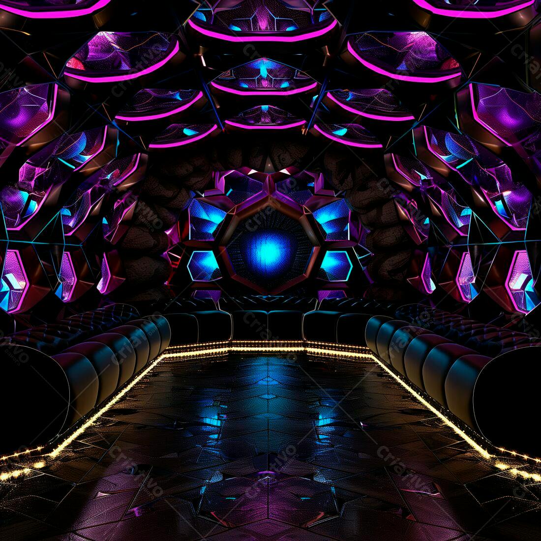 Sala VIP futurista com iluminação roxa e azul