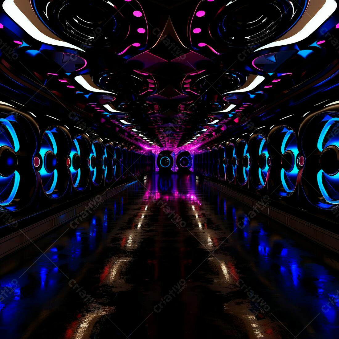 Corredor futurista com luzes neon azuis e rosa