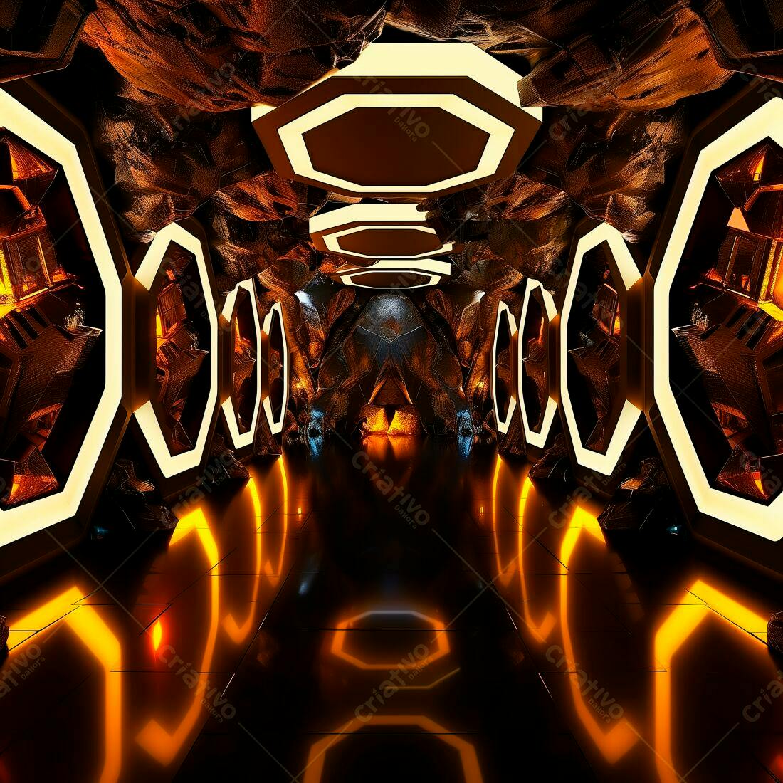 Corredor futurista com iluminação laranja e detalhes metálicos