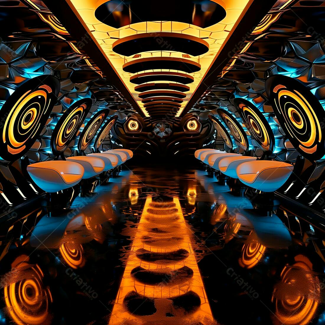 Interior futurista com assentos e iluminação laranja