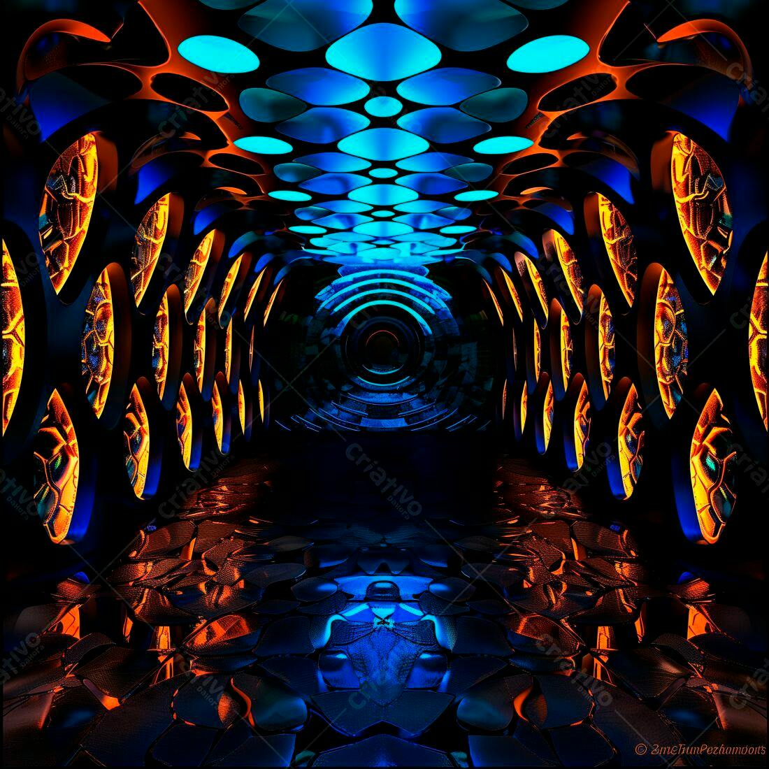 Corredor futurista azul e laranja com iluminação abstrata