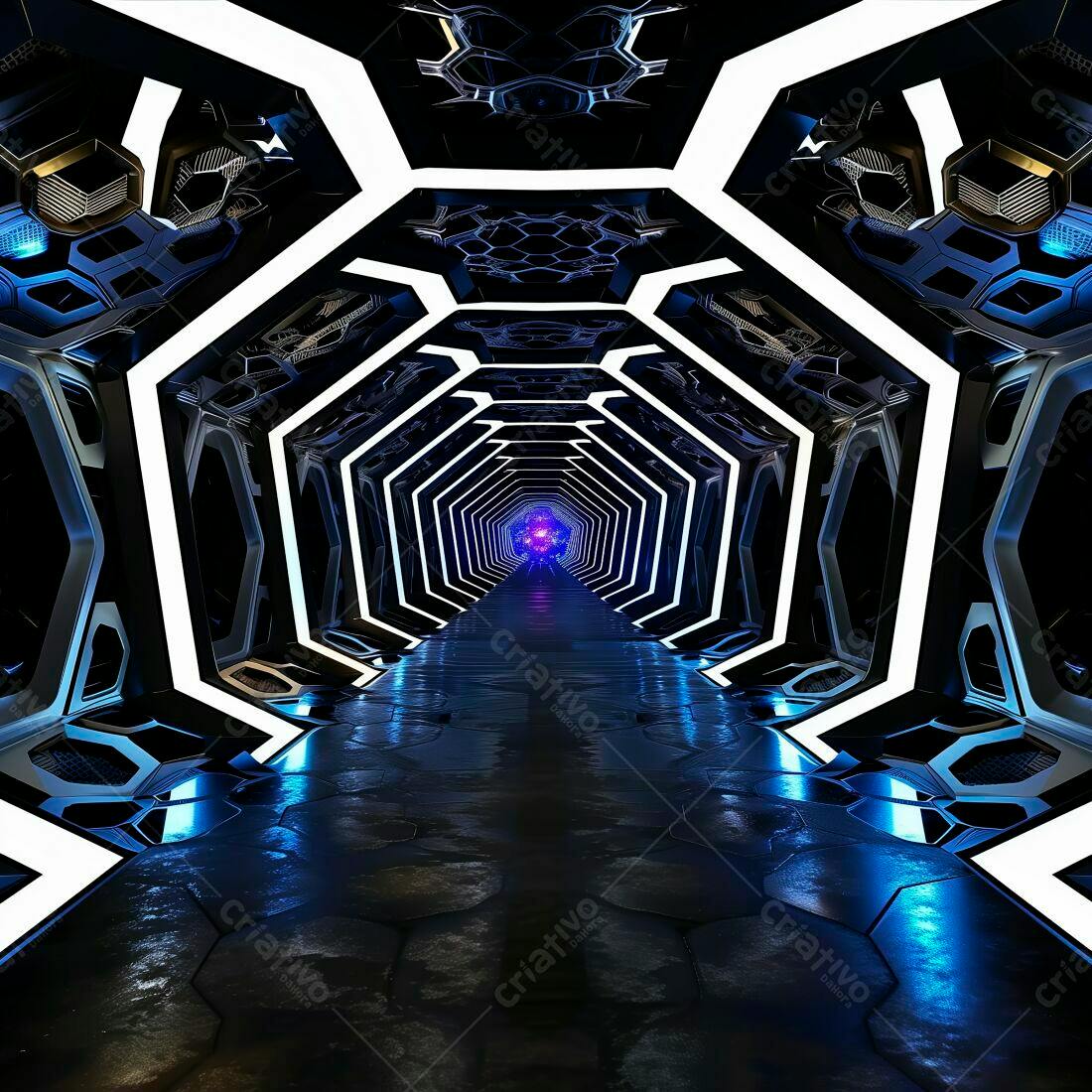 Corredor futurista azul e branco com iluminação neon
