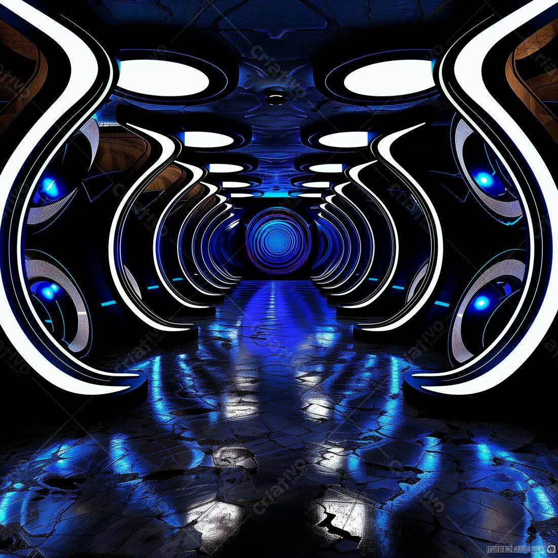 Corredor futurista azul e preto com iluminação neon