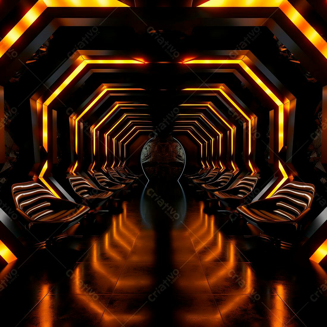 Túnel futurista com poltronas e iluminação laranja