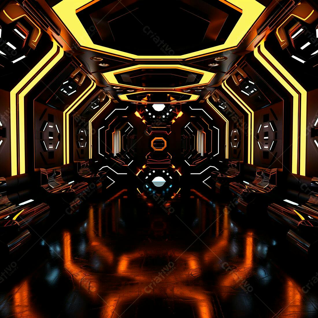Interior futurista com iluminação laranja e preta