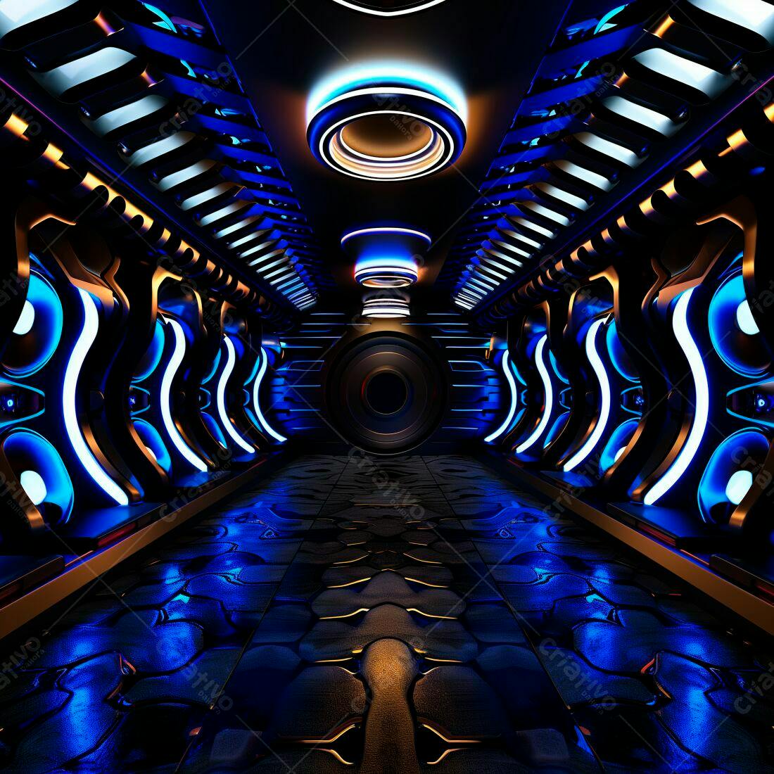 Corredor futurista azul e dourado com iluminação neon