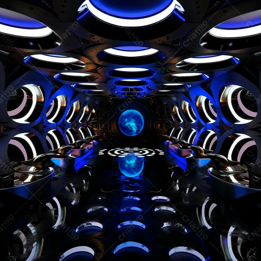 Interior futurista azul e preto com iluminação de led