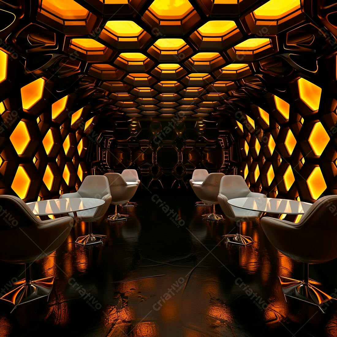Lounge moderno com iluminação âmbar hexagonal